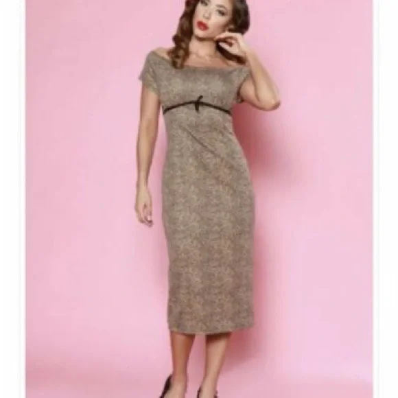 Bettie Page Womens Black & Gold Cheetah Off To Brunch Midi Pinup Dress  Size 4.